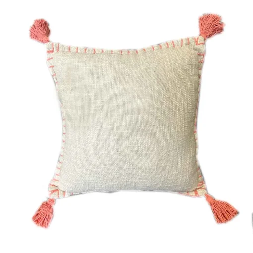Almofada cru com tassels rosa 40x40cm