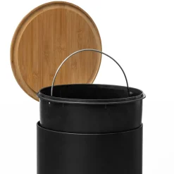 Balde lixo preto tampa em bambu