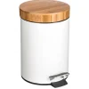 Balde wc branco de metal com tampa em bambu
