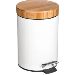 Balde wc branco de metal com tampa em bambu