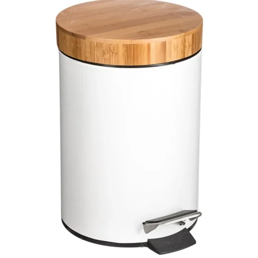 Balde wc branco de metal com tampa em bambu