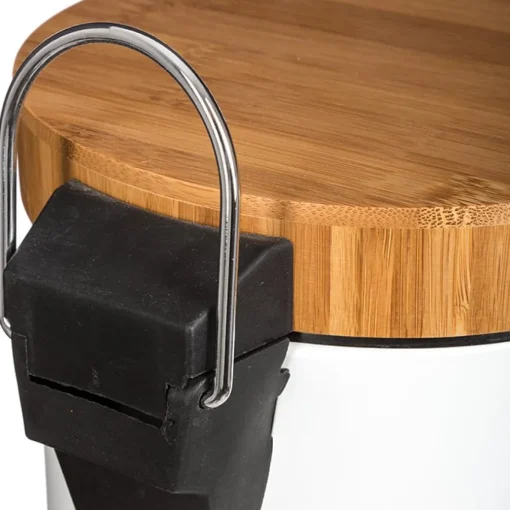 Balde wc branco de metal com tampa em bambu