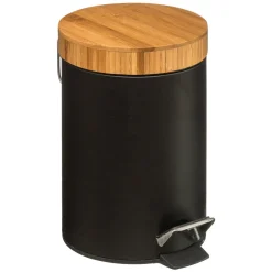 Balde wc preto de metal com tampa em bambu