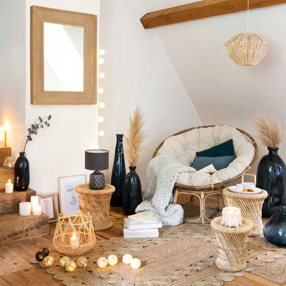 Banco bege em bambu e corda 38cm