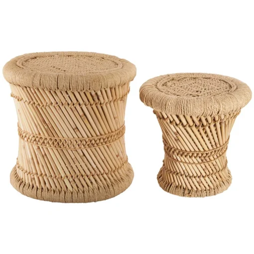 Banco bege em bambu e corda 38cm