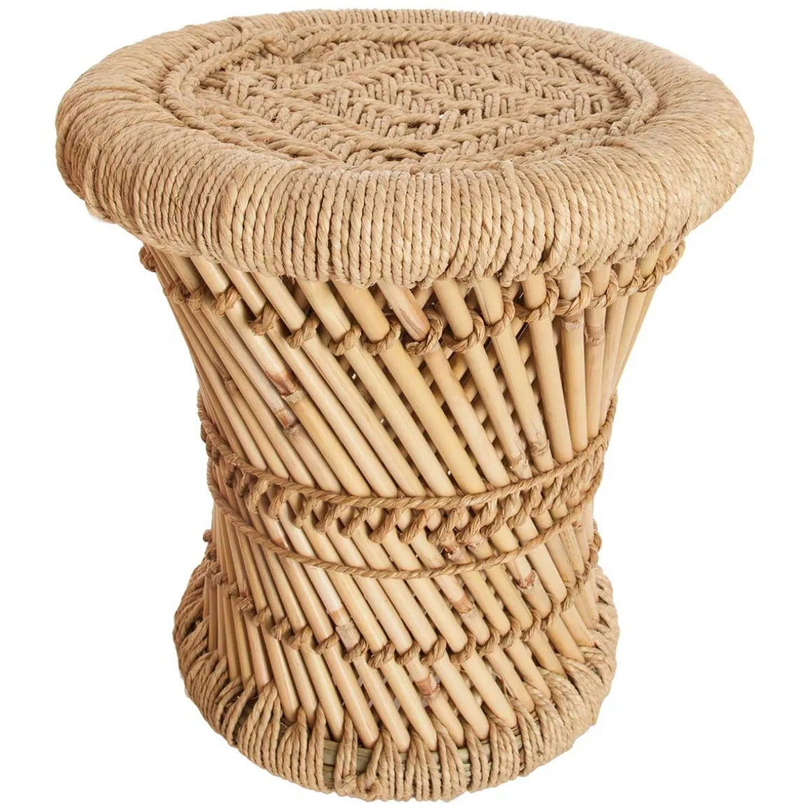 Banco bege em bambu e corda 32cm