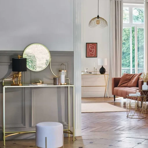 Banqueta BLUSH LIV branca de veludo com pés em metal dourado