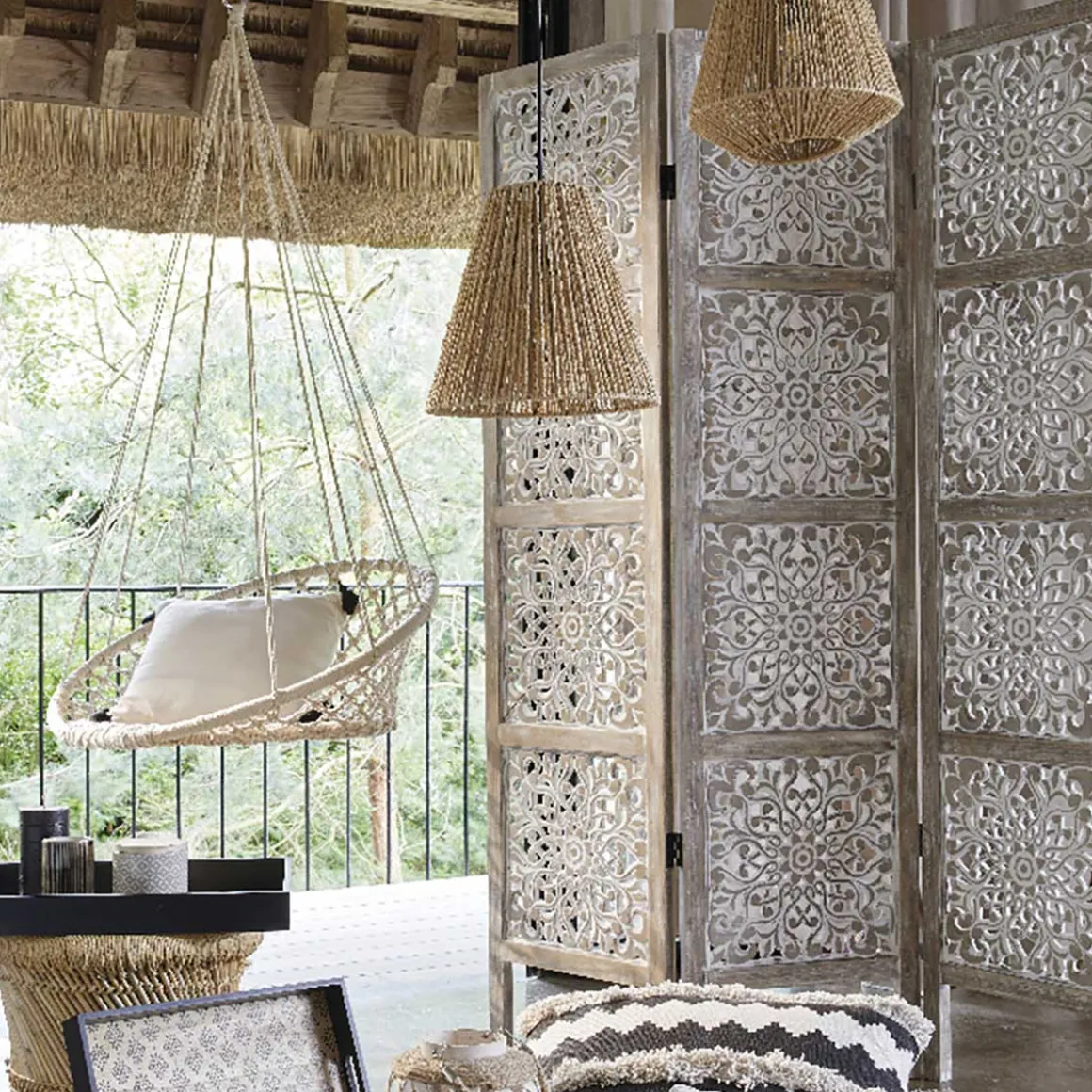 Biombo ETNIK branco com 3 painéis em madeira 169cm