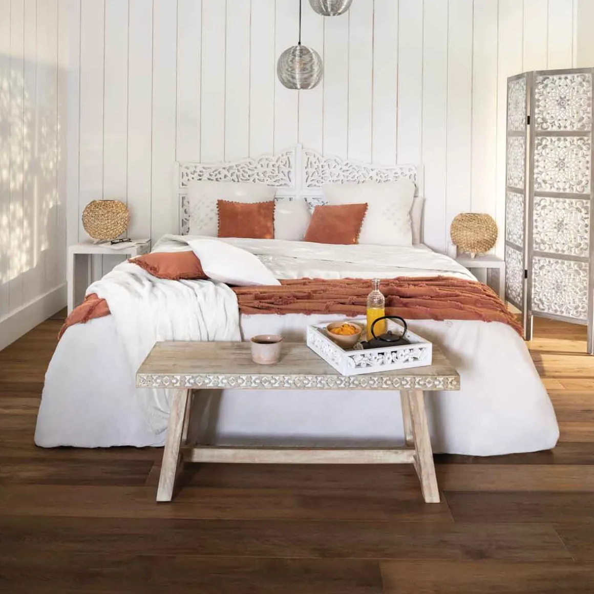 Biombo ETNIK branco com 3 painéis em madeira 169cm