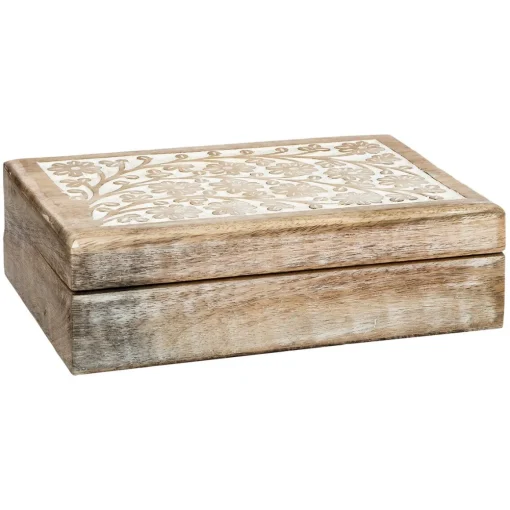 Caixa decorativa ritual bege em madeira mango 6x21cm