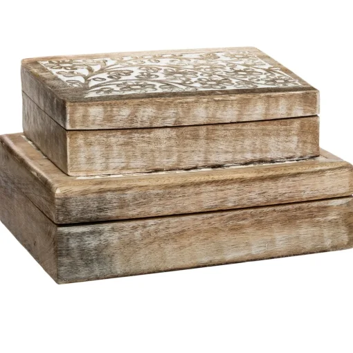 Caixa decorativa ritual bege em madeira mango 6x21cm