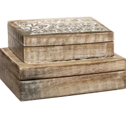 Caixa decorativa ritual bege em madeira mango 7,5x25cm