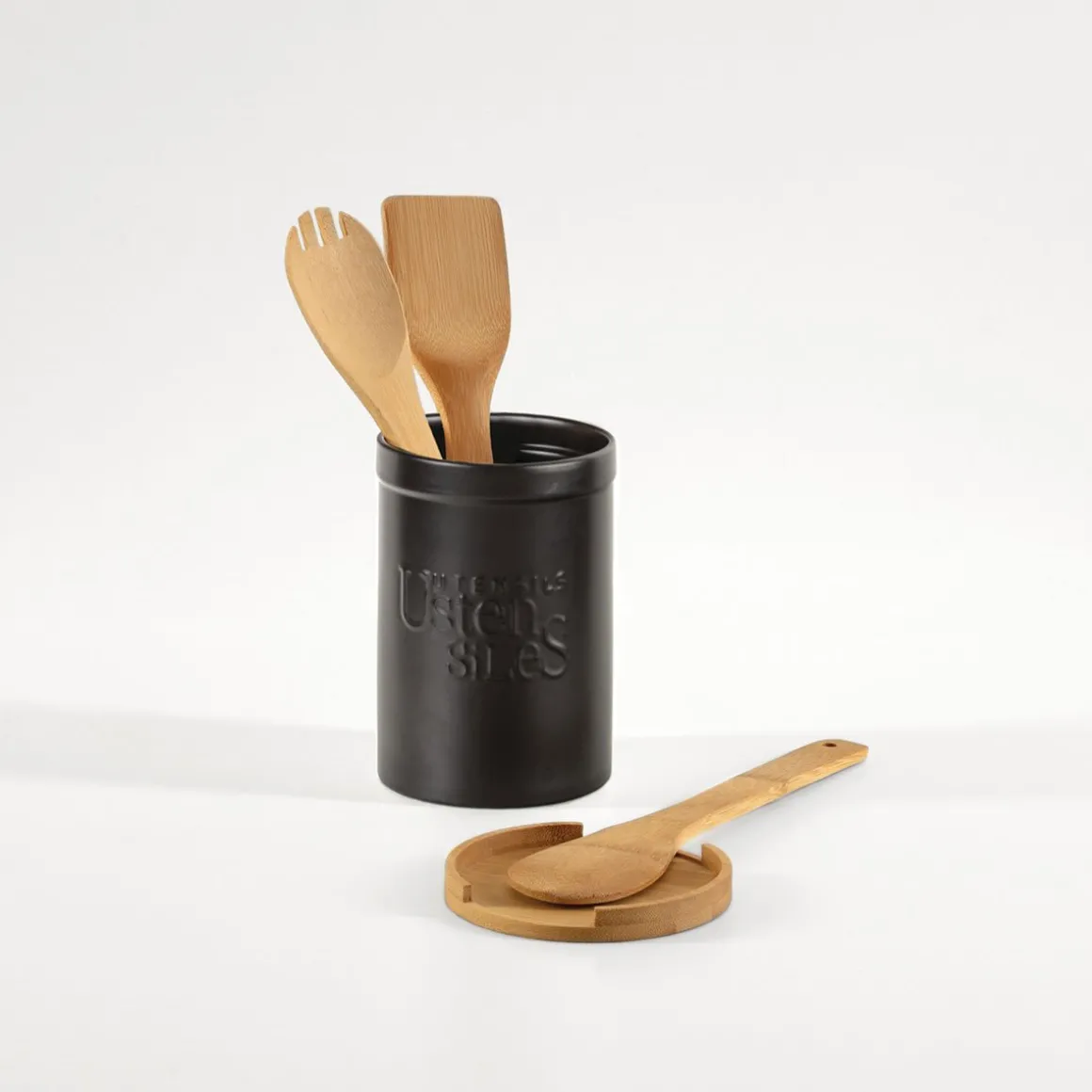 Caixa para utensílios NATUREO preta com base em bambu