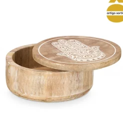 Caixa Redonda Hamsá Em Madeira Mango Com Tampa