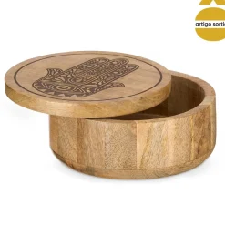Caixa Redonda Hamsá Em Madeira Mango Com Tampa