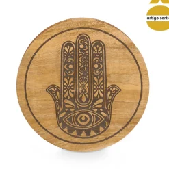 Caixa Redonda Hamsá Em Madeira Mango Com Tampa