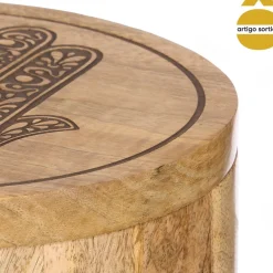 Caixa Redonda Hamsá Em Madeira Mango Com Tampa