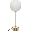Candeeiro de mesa dris bola branca e base reta dourada