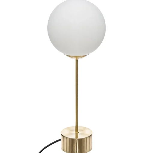 Candeeiro de mesa dris bola branca e base reta dourada