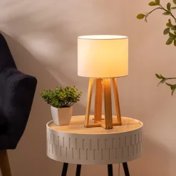 Candeeiro de mesa MOLU branco com base em madeira pinho