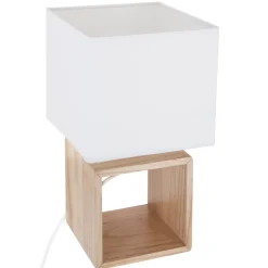 Candeeiro de mesa quadrado branco e castanho em madeira