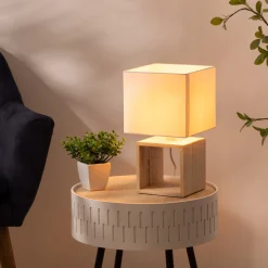 Candeeiro de mesa quadrado branco e castanho em madeira