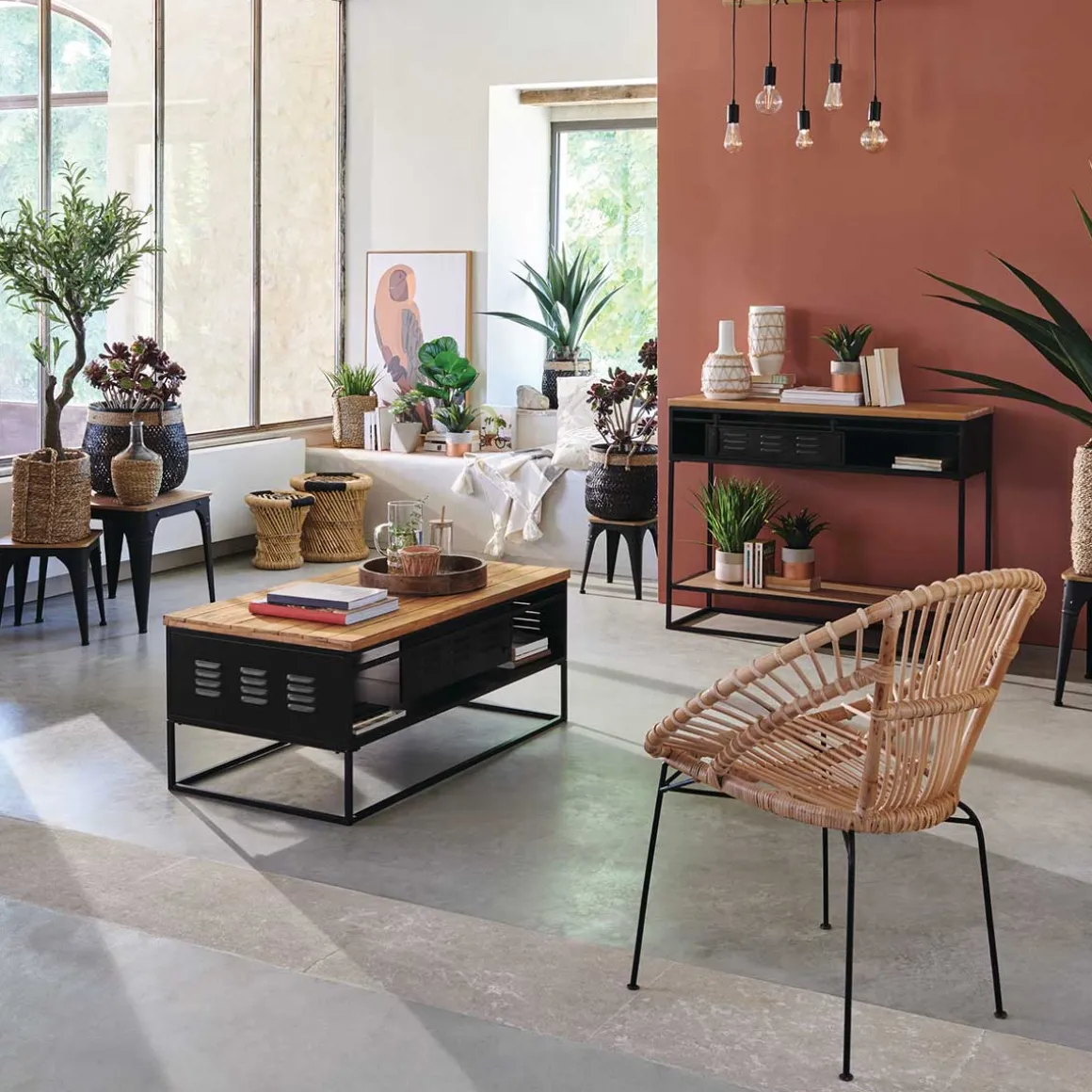 Candeeiro de teto jake para 5 lâmpadas em metal e pinho