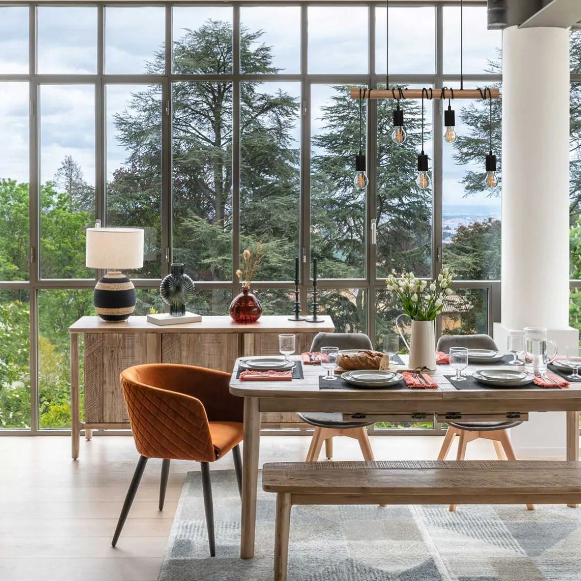 Candeeiro de teto jake para 5 lâmpadas em metal e pinho