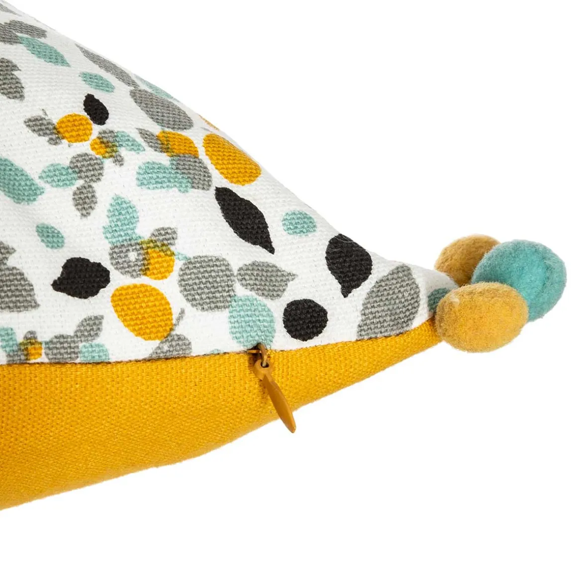 Capa para almofada RAZZO ocre e azul com pompons 40x40cm