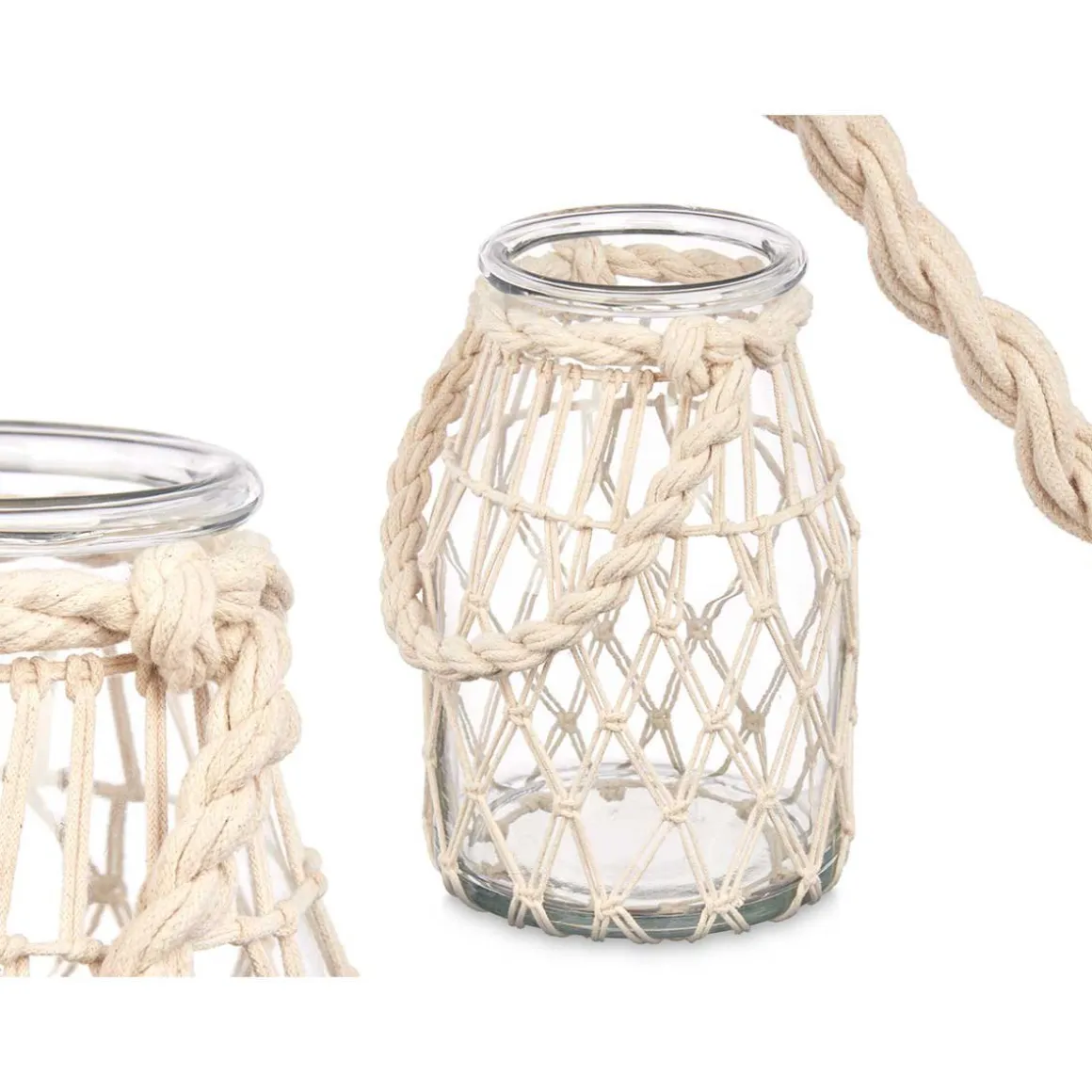 Castiçal de vidro com macramé bege