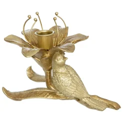 Castiçal em forma de flor e pássaro em resina dourado
