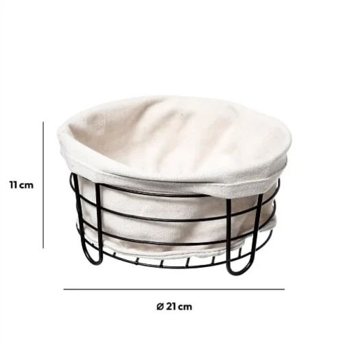 Cesto de pão em metal preto com tecido branco