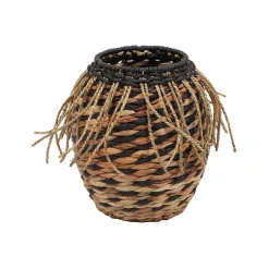 Cesto NAIROBI ráfia preto e castanho com franjas 27cm