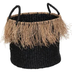 Cesto preto de ráfia e juta vegetal com franjas 29cm