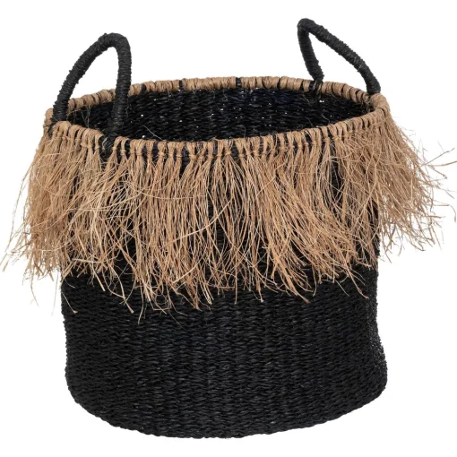 Cesto preto de ráfia e juta vegetal com franjas 29cm