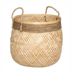 Cesto Redondo Bege Em Bambu 30x34cm