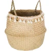 Cesto seagrass natural com pompons e pegas