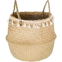 Cesto seagrass natural com pompons e pegas