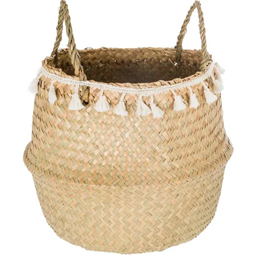 Cesto seagrass natural com pompons e pegas
