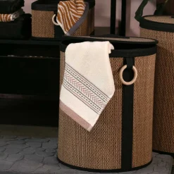 Cesto wc em bambu com tampa e alça de madeira 53cm