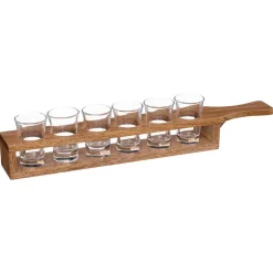 Conjunto de 6 copos de vidro com suporte em madeira