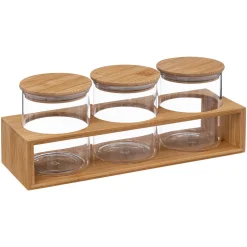 Conjunto de 3 frascos vidro 0,4l com suporte bambu