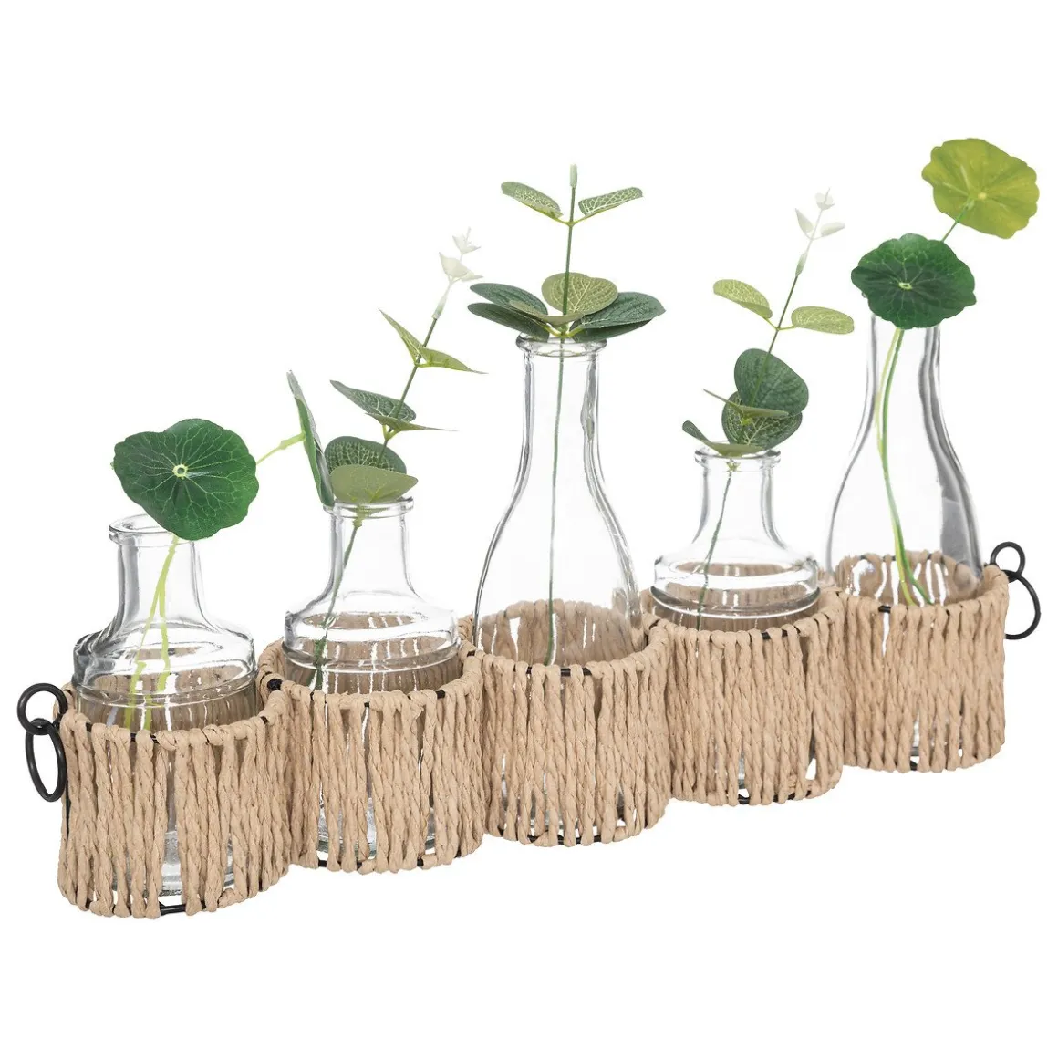 Conjunto de 5 jarras de vidro com plantas artificiais