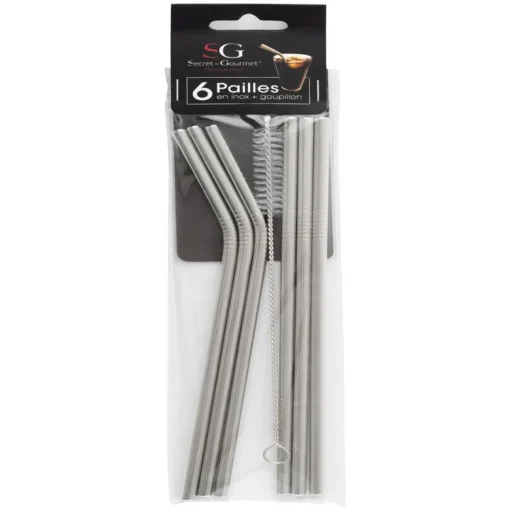Conjunto de 6 palhinhas com escovilhão em aço inox