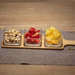 Conjunto de 3 taças de vidro com tábua em bambu