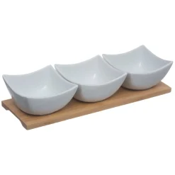Conjunto de 3 taças em porcelana com tábua de bambu