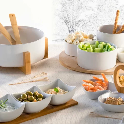 Conjunto de 3 taças em porcelana com tábua de bambu