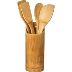 Conjunto de 4 utensílios em bambu com suporte