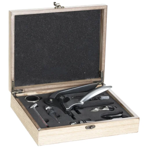 Conjunto de vinicultura com 9 acessórios e caixa de madeira