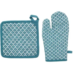 Conjunto pega e luva de cozinha azul